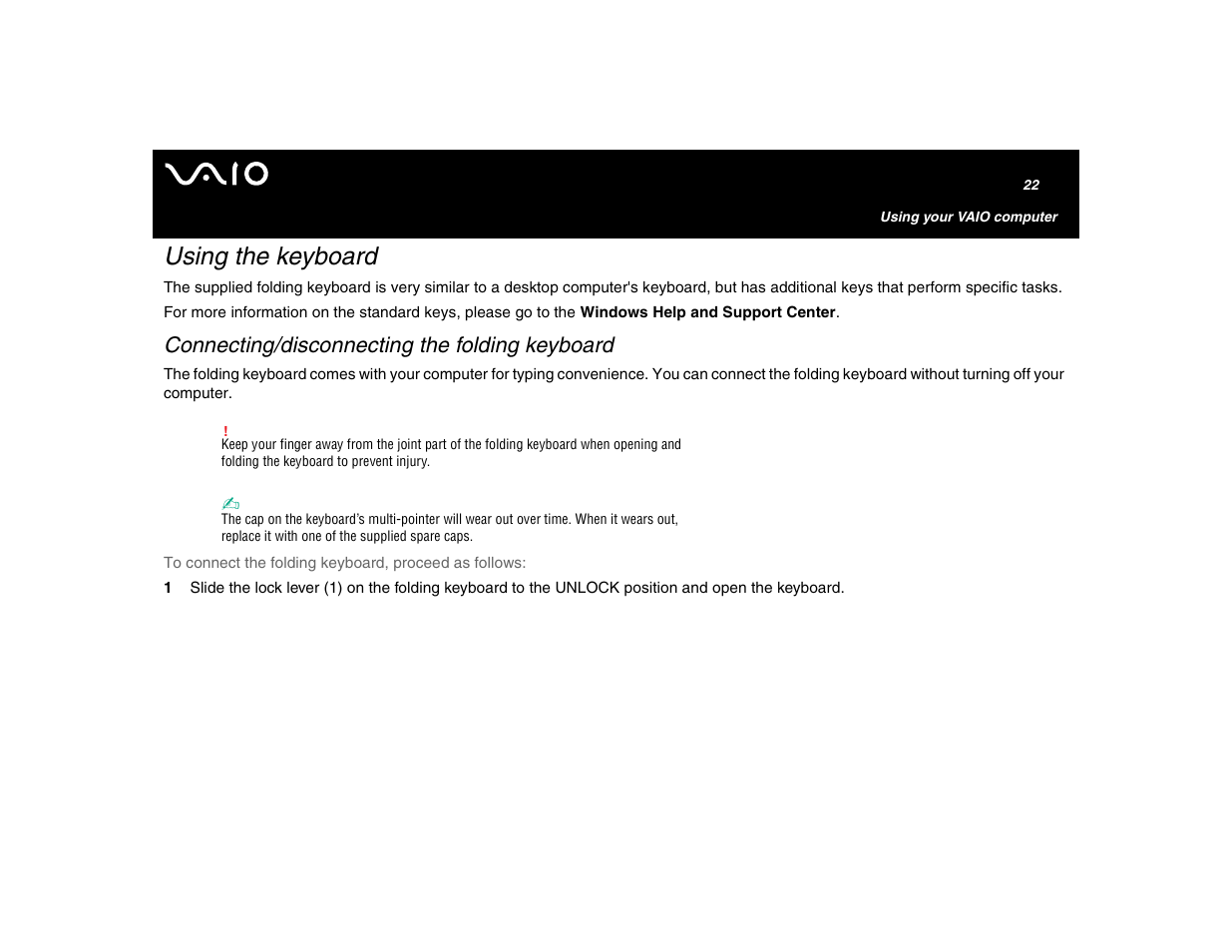 Using the keyboard, Connecting/disconnecting the folding keyboard | Sony VGN-U750P User Manual | Page 22 / 142