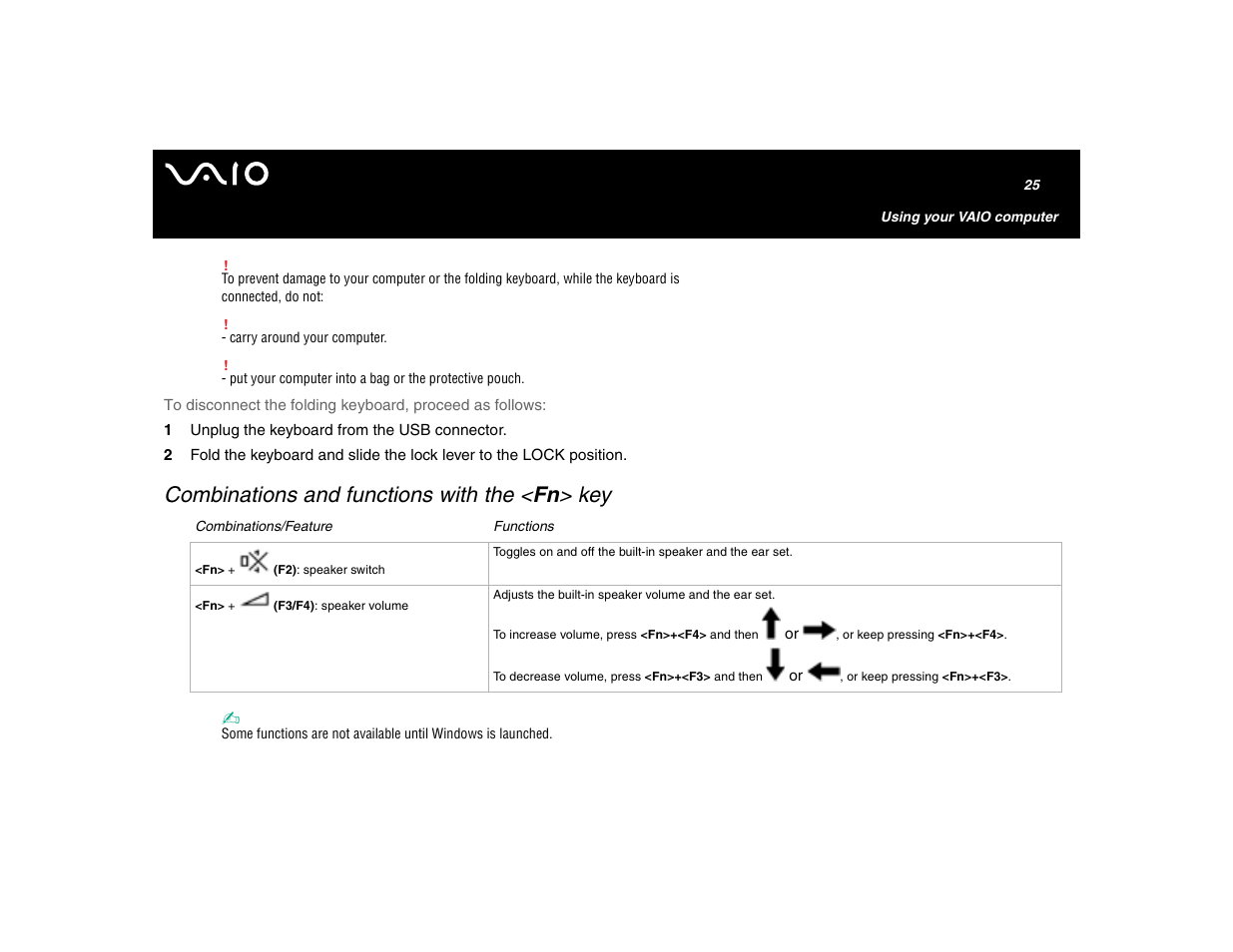 Combinations and functions with the <fn> key, Combinations and functions with the < fn > key | Sony VGN-U750P User Manual | Page 25 / 142