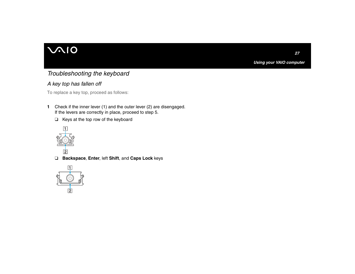 Troubleshooting the keyboard, A key top has fallen off | Sony VGN-U750P User Manual | Page 27 / 142