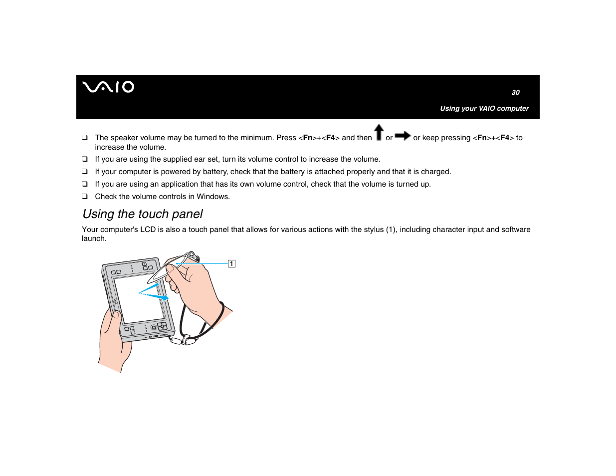 Using the touch panel | Sony VGN-U750P User Manual | Page 30 / 142