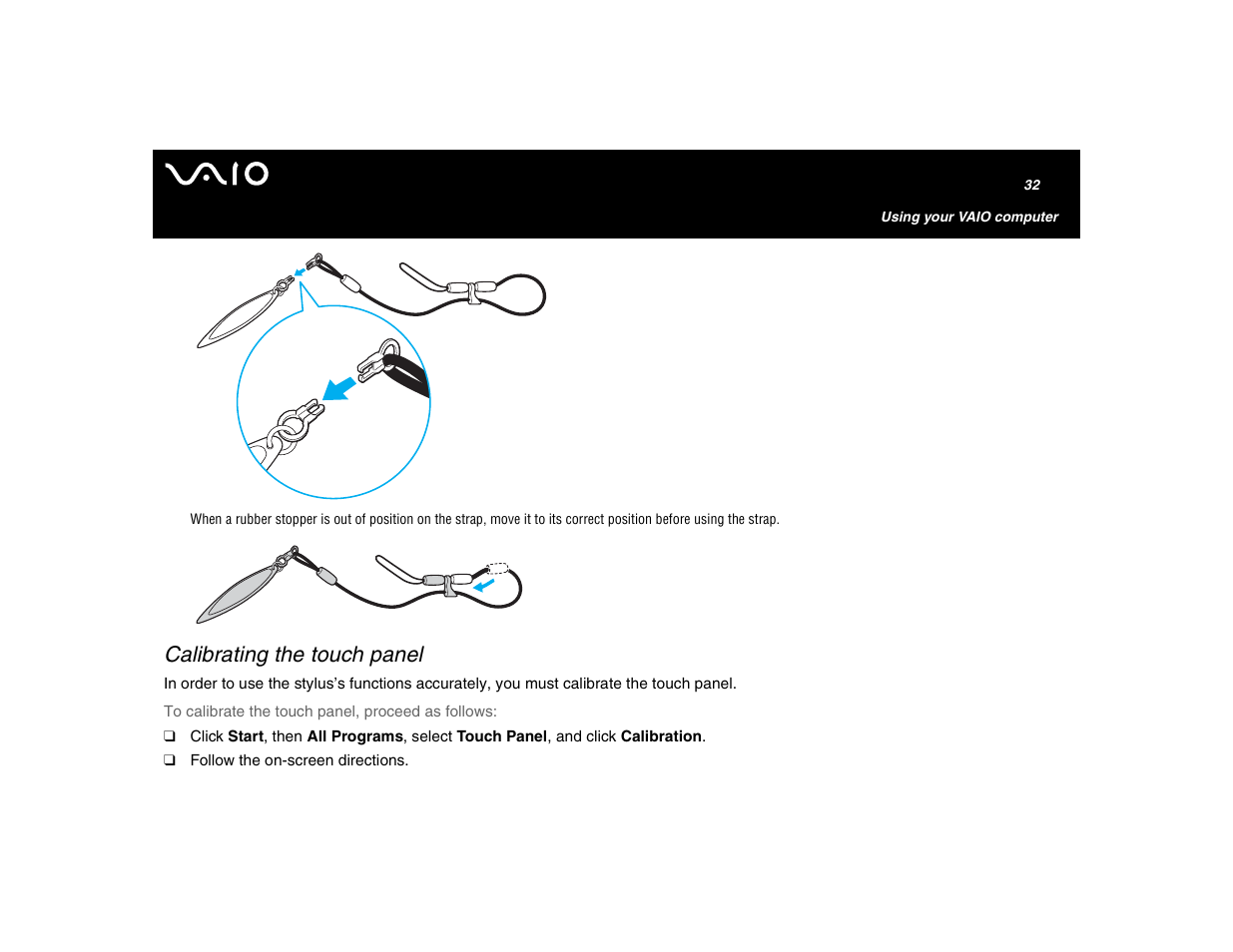 Calibrating the touch panel | Sony VGN-U750P User Manual | Page 32 / 142