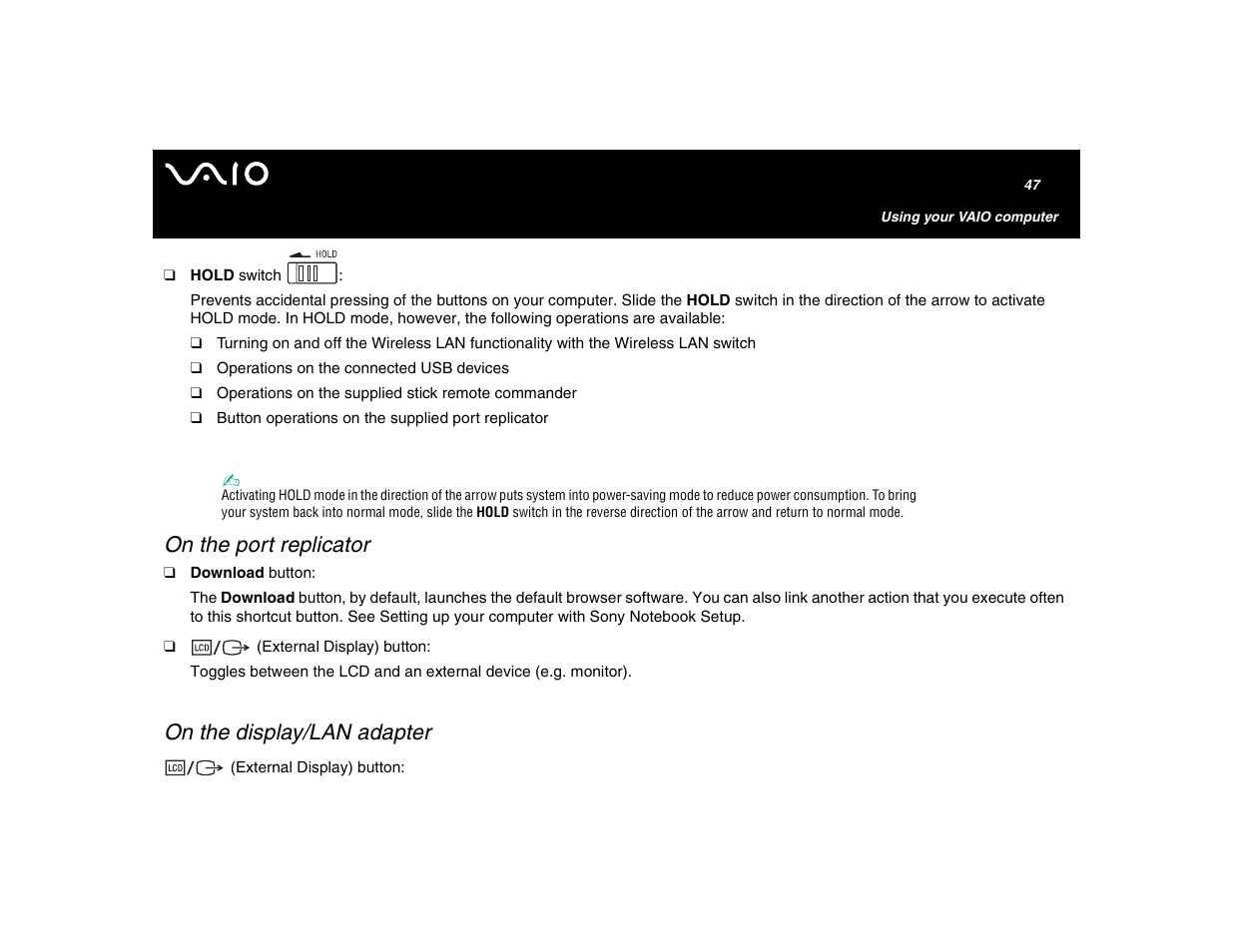 On the port replicator, On the display/lan adapter | Sony VGN-U750P User Manual | Page 47 / 142