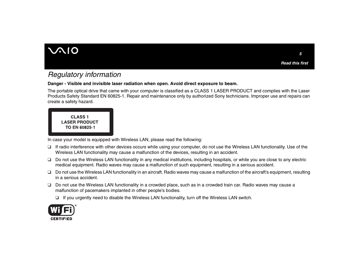 Regulatory information | Sony VGN-U750P User Manual | Page 5 / 142