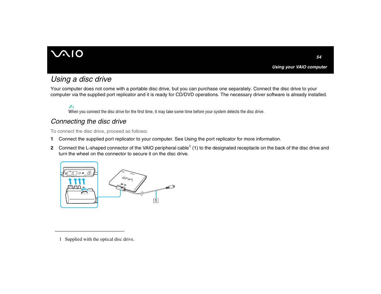 Using a disc drive, Connecting the disc drive | Sony VGN-U750P User Manual | Page 54 / 142