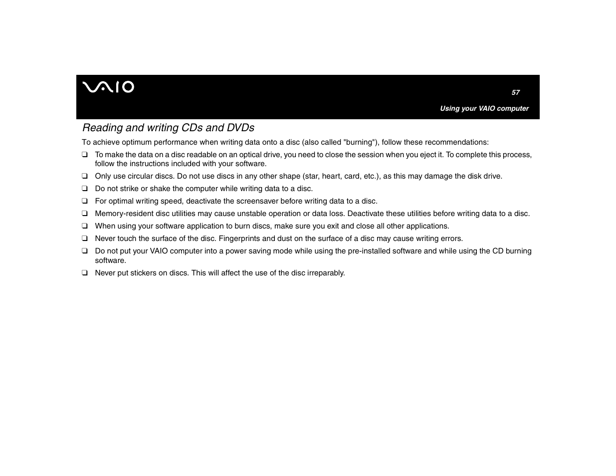 Reading and writing cds and dvds | Sony VGN-U750P User Manual | Page 57 / 142