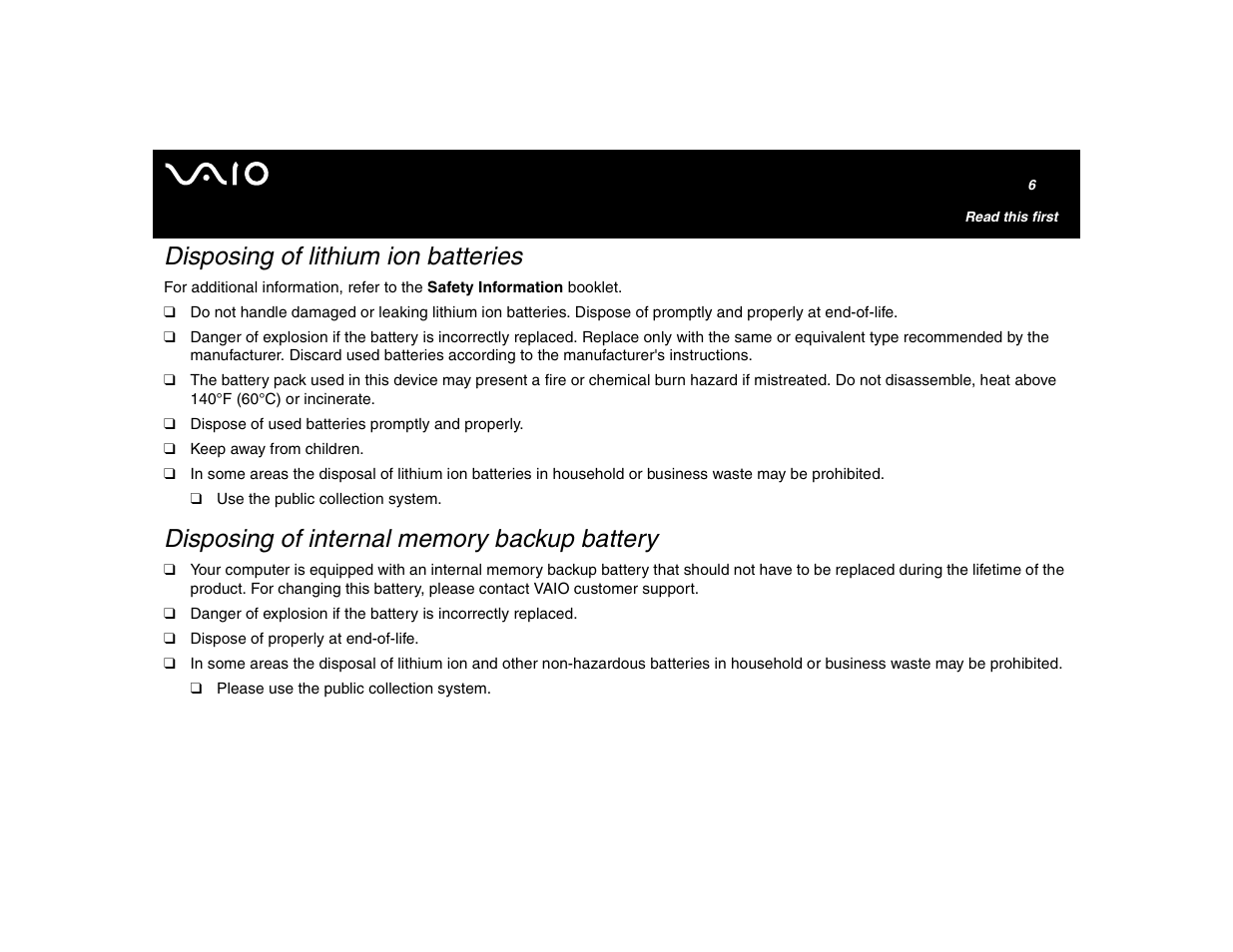 Disposing of lithium ion batteries, Disposing of internal memory backup battery | Sony VGN-U750P User Manual | Page 6 / 142