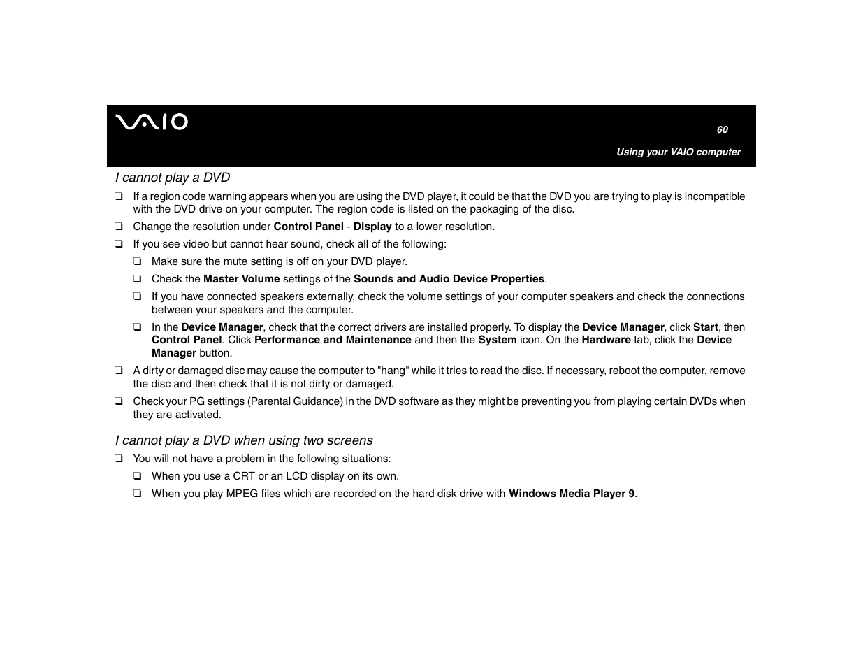 I cannot play a dvd, I cannot play a dvd when using two screens | Sony VGN-U750P User Manual | Page 60 / 142