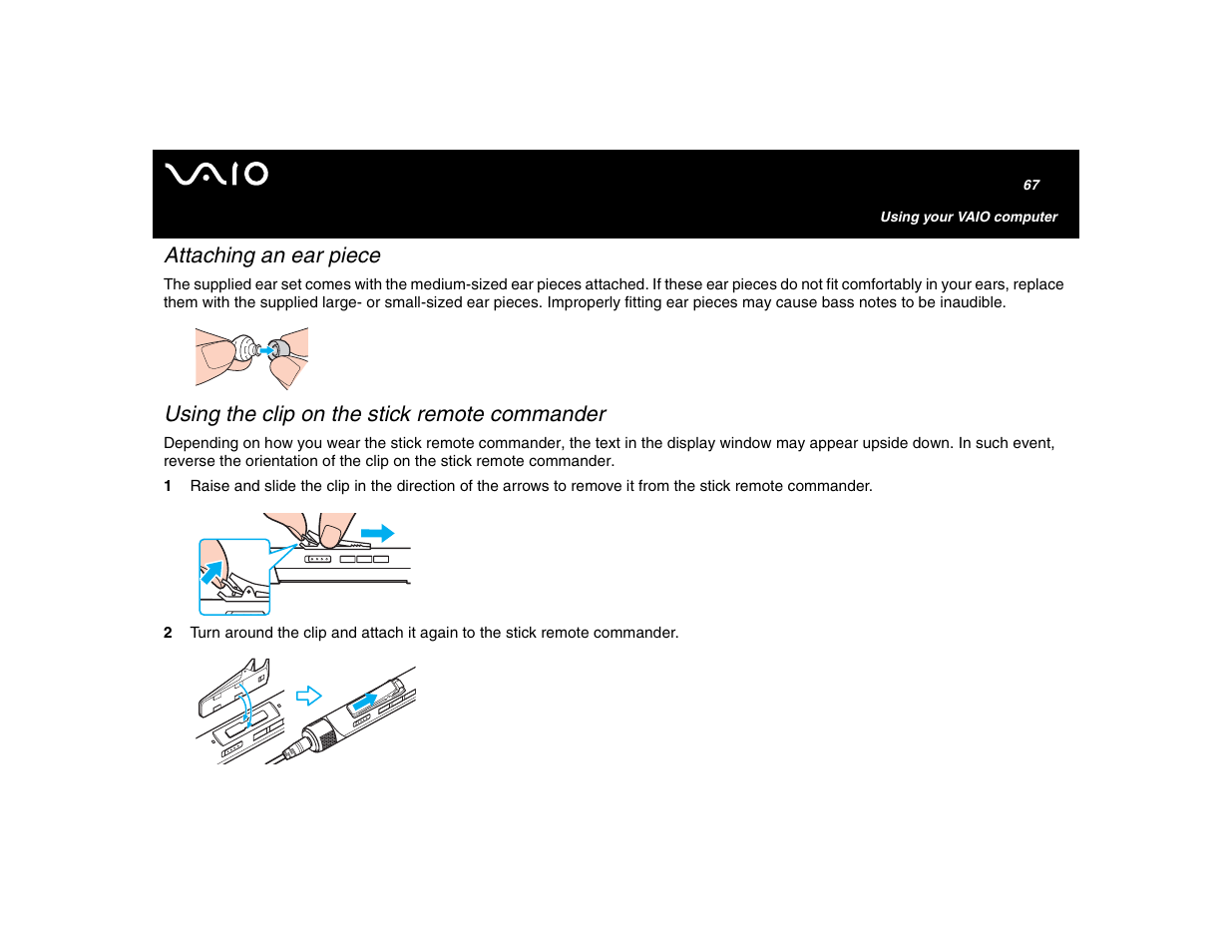 Attaching an ear piece, Using the clip on the stick remote commander | Sony VGN-U750P User Manual | Page 67 / 142