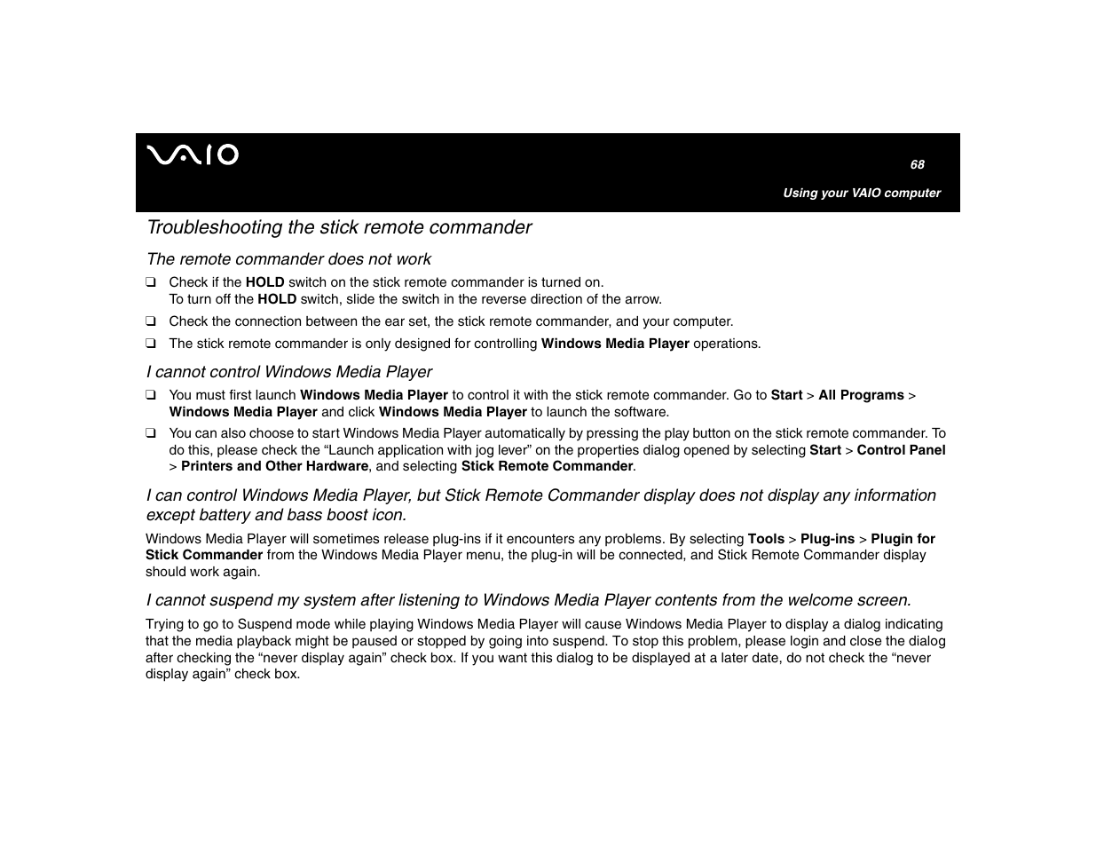 Troubleshooting the stick remote commander, The remote commander does not work, I cannot control windows media player | Sony VGN-U750P User Manual | Page 68 / 142