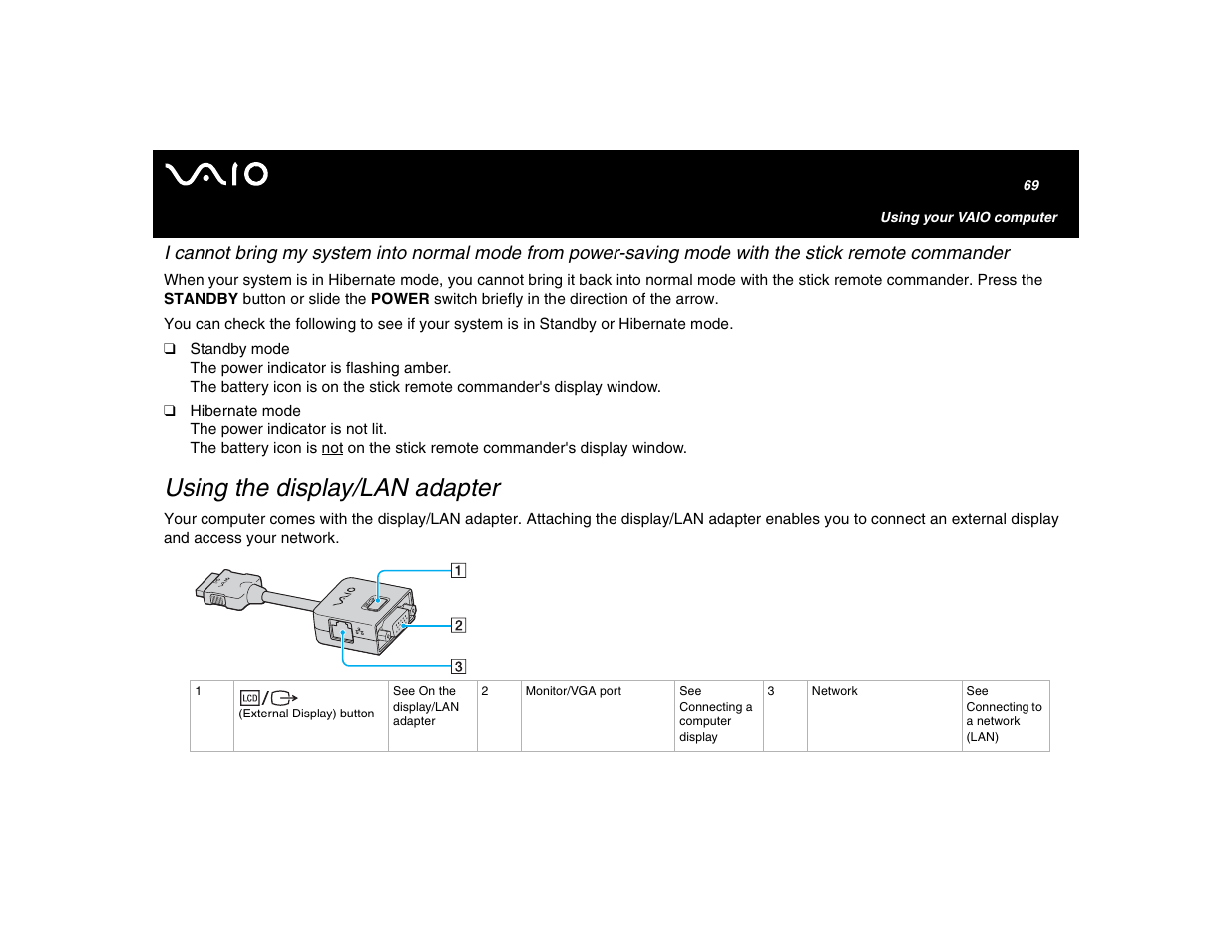 Using the display/lan adapter | Sony VGN-U750P User Manual | Page 69 / 142