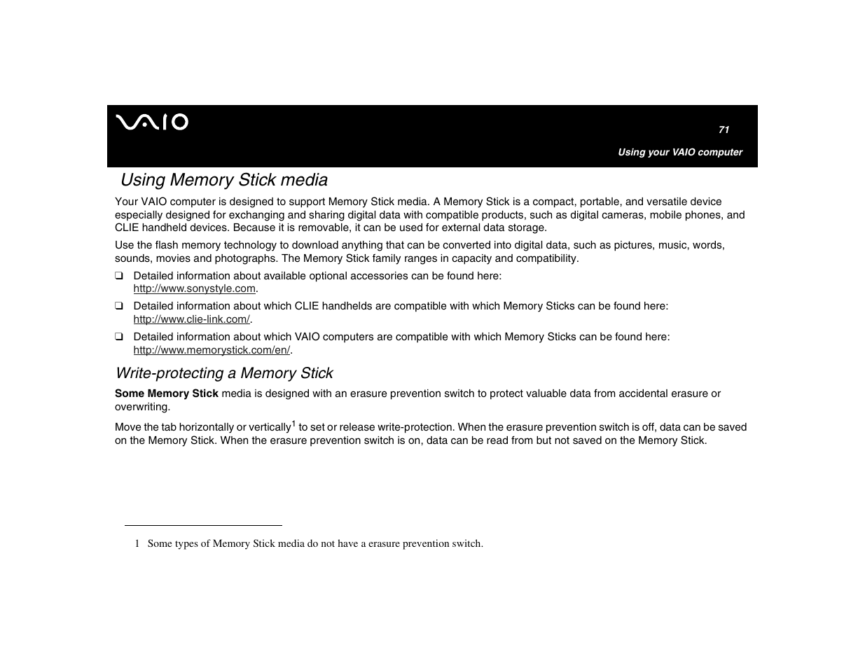 Using memory stick media, Write-protecting a memory stick | Sony VGN-U750P User Manual | Page 71 / 142