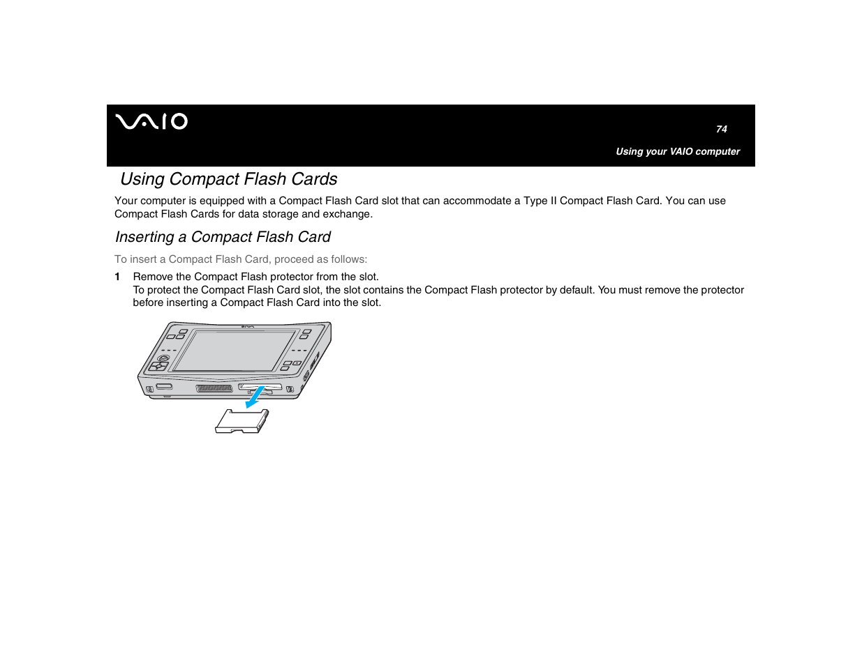 Using compact flash cards, Inserting a compact flash card | Sony VGN-U750P User Manual | Page 74 / 142