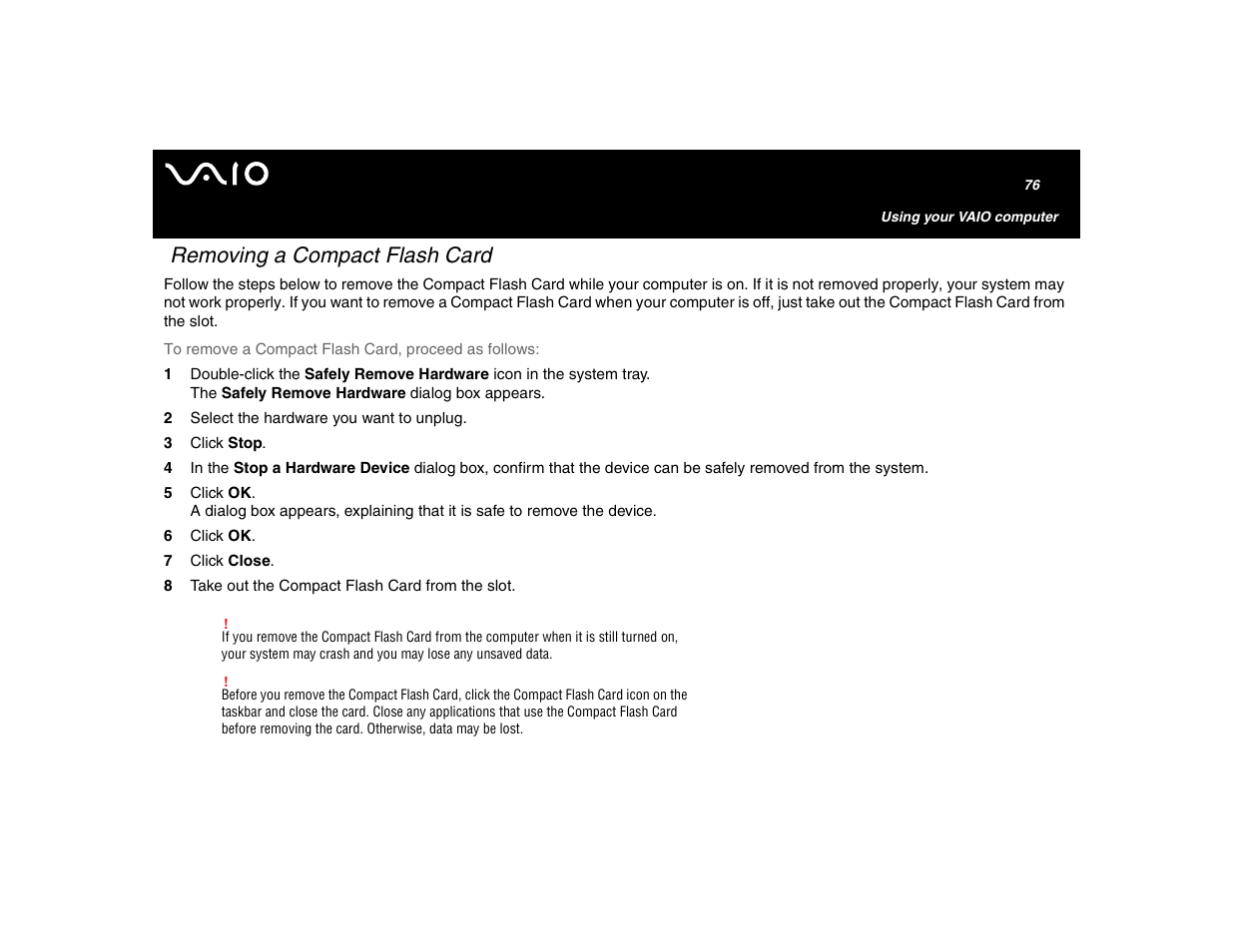 Removing a compact flash card | Sony VGN-U750P User Manual | Page 76 / 142