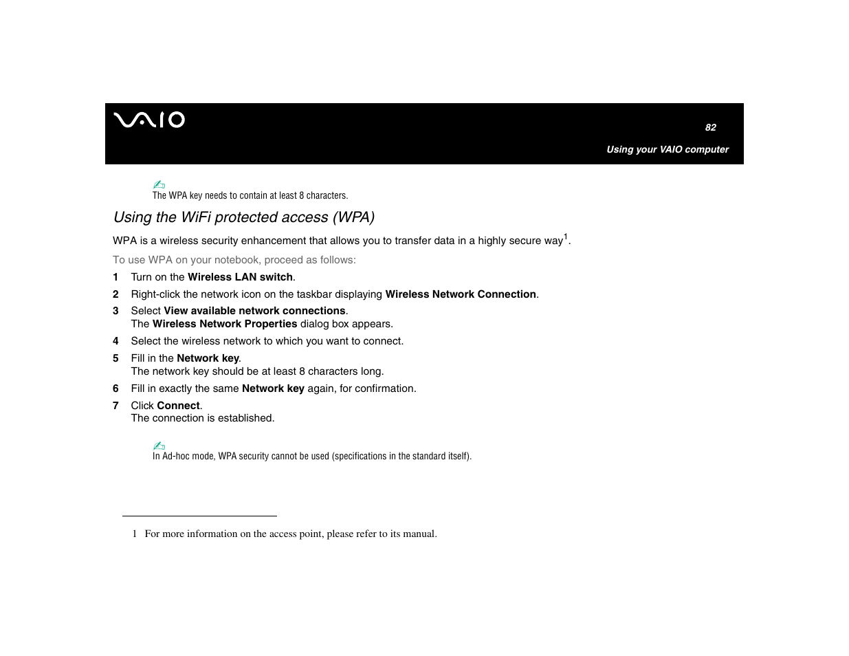 Using the wifi protected access (wpa) | Sony VGN-U750P User Manual | Page 82 / 142