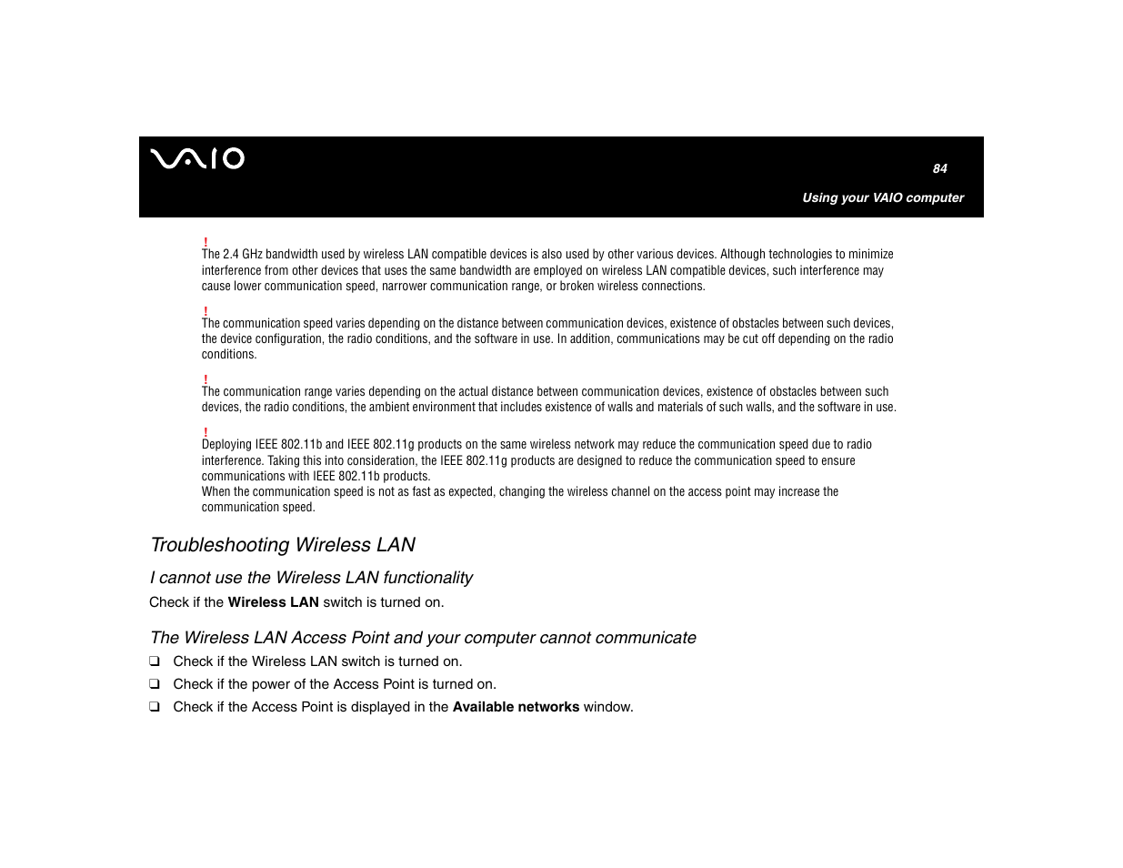 Troubleshooting wireless lan, I cannot use the wireless lan functionality | Sony VGN-U750P User Manual | Page 84 / 142