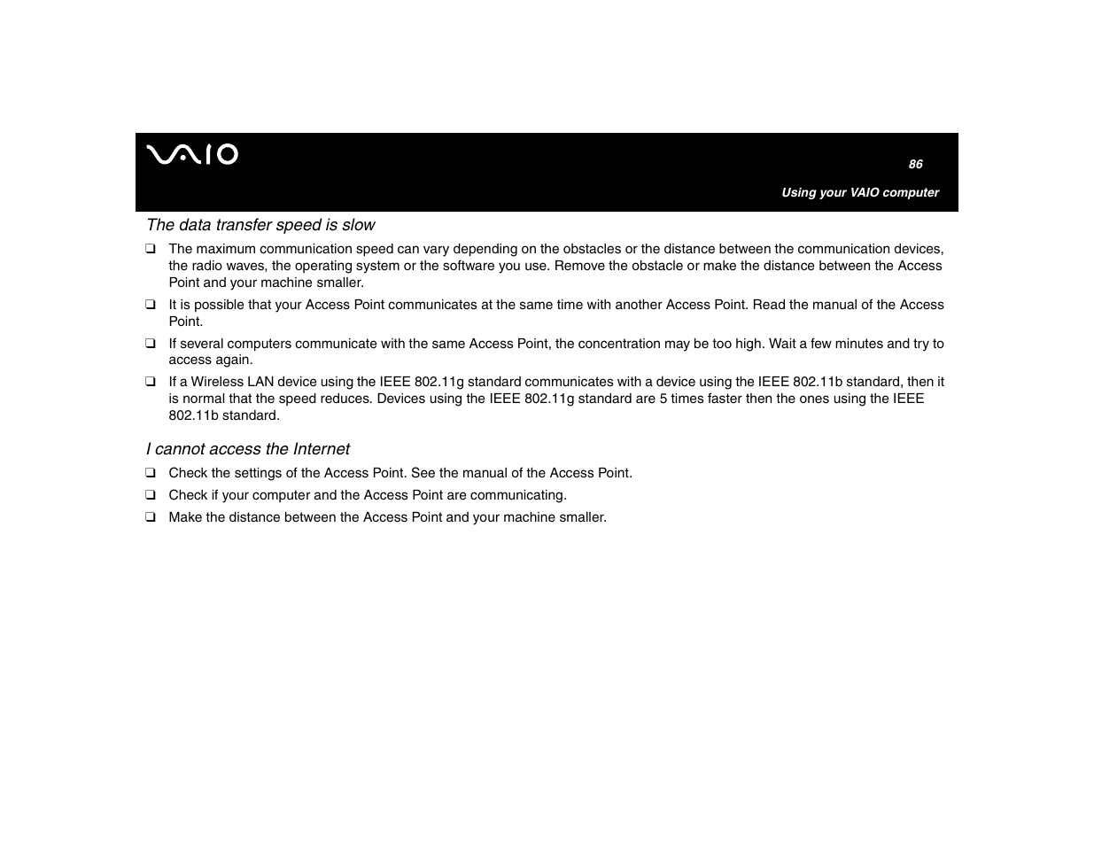 The data transfer speed is slow, I cannot access the internet | Sony VGN-U750P User Manual | Page 86 / 142