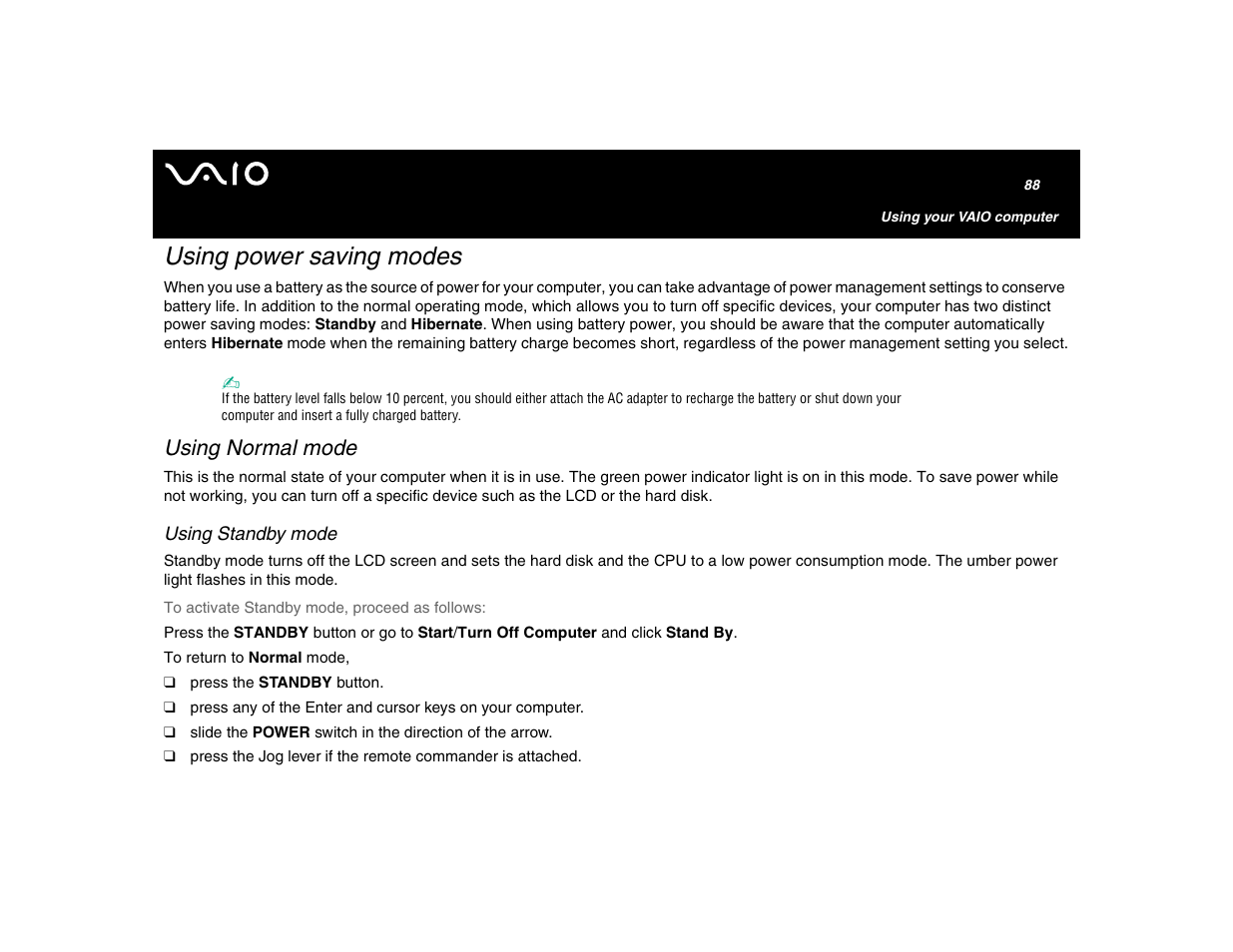 Using power saving modes, Using normal mode, Using standby mode | Sony VGN-U750P User Manual | Page 88 / 142