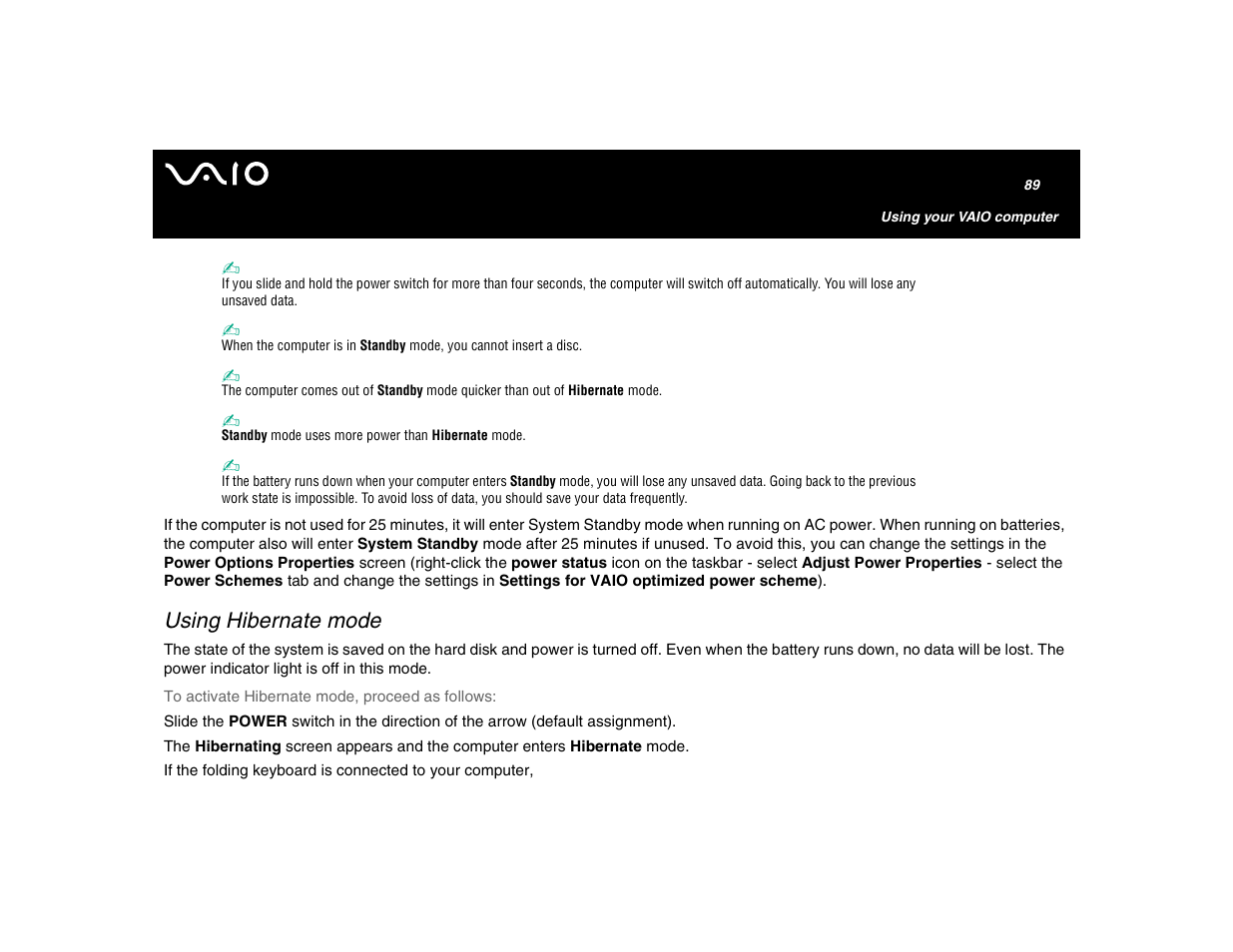 Using hibernate mode | Sony VGN-U750P User Manual | Page 89 / 142