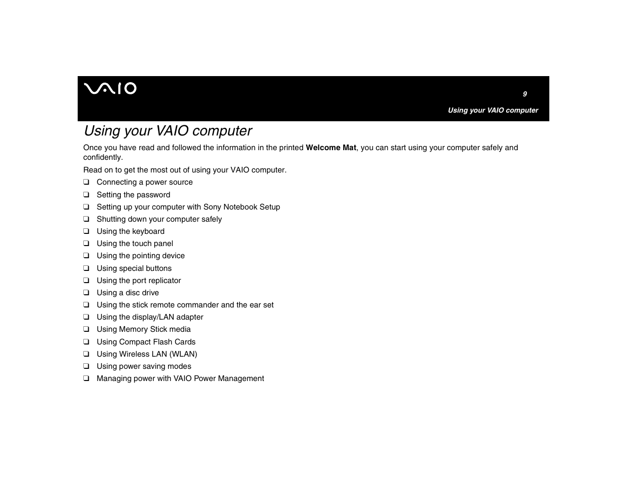 Using your vaio computer | Sony VGN-U750P User Manual | Page 9 / 142