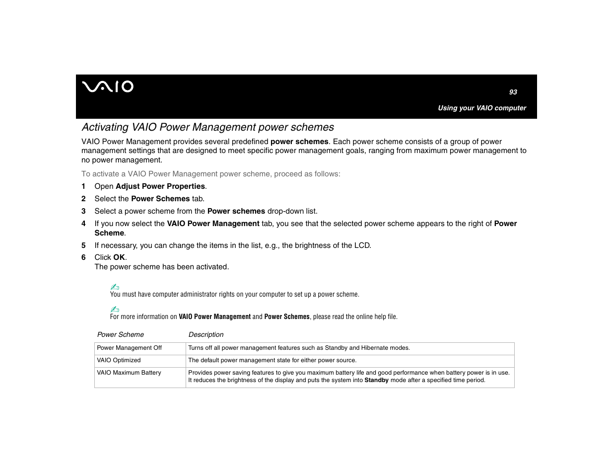 Activating vaio power management power schemes | Sony VGN-U750P User Manual | Page 93 / 142