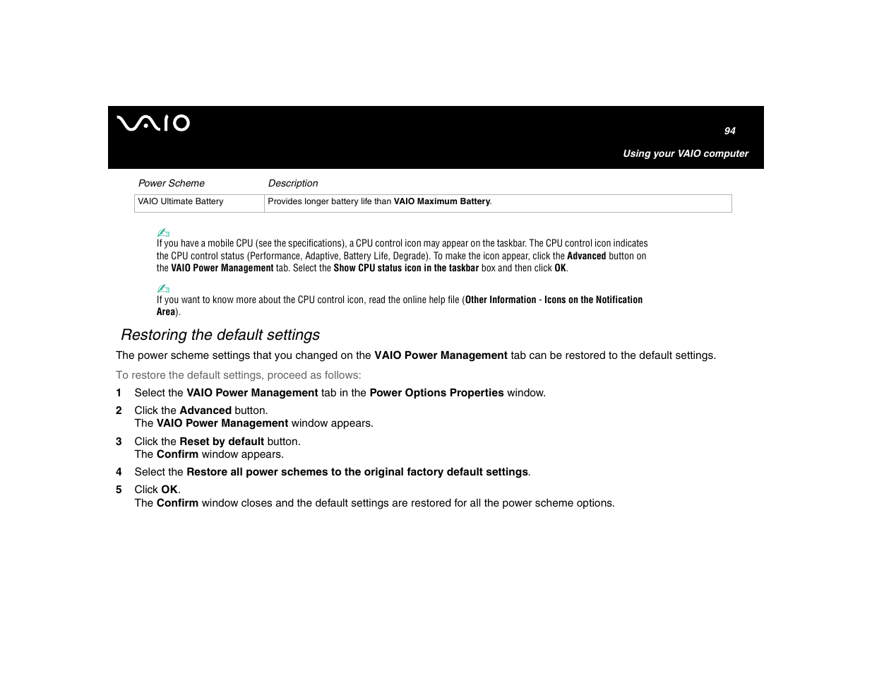 Restoring the default settings | Sony VGN-U750P User Manual | Page 94 / 142