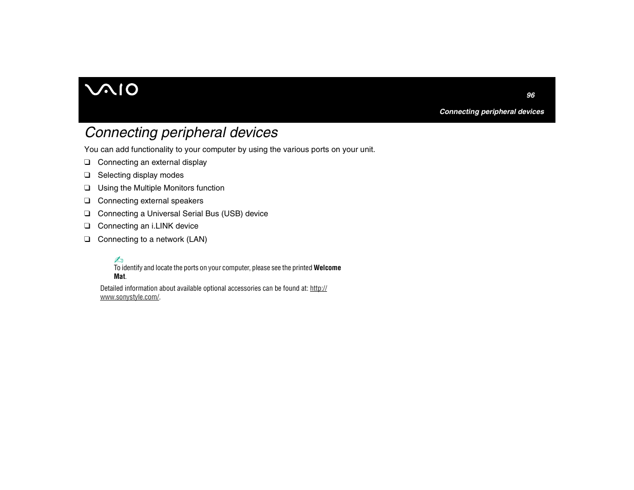 Connecting peripheral devices | Sony VGN-U750P User Manual | Page 96 / 142