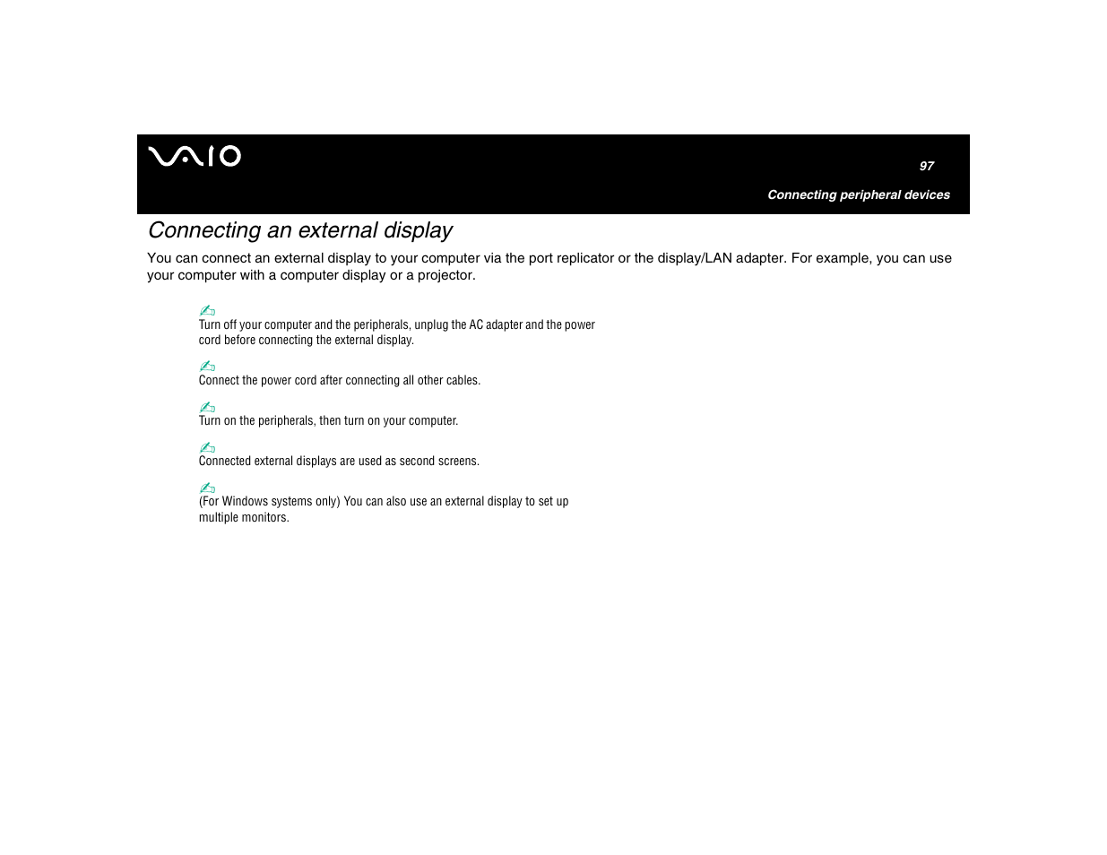 Connecting an external display | Sony VGN-U750P User Manual | Page 97 / 142