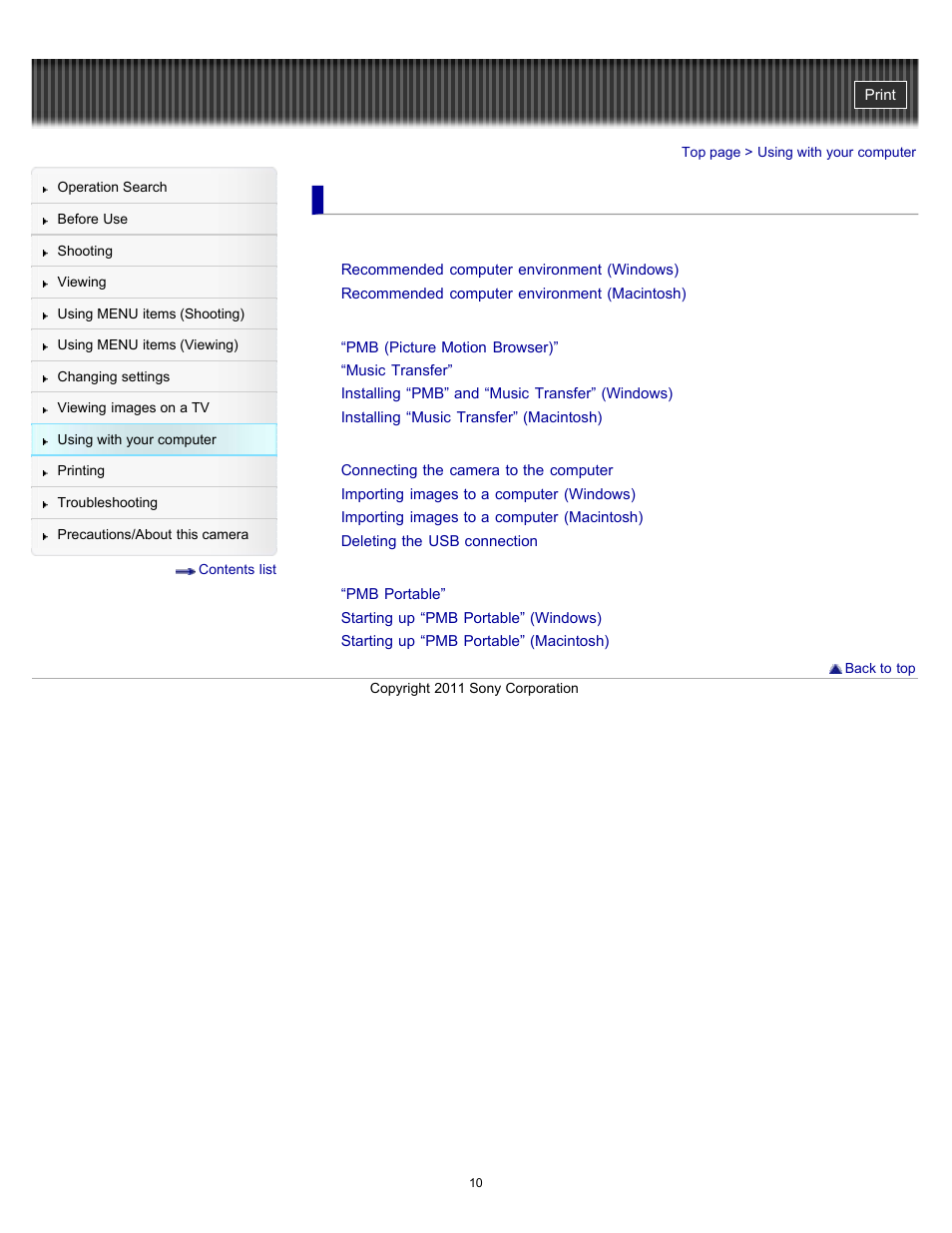 Using with your computer | Sony DSC-H70 User Manual | Page 10 / 208
