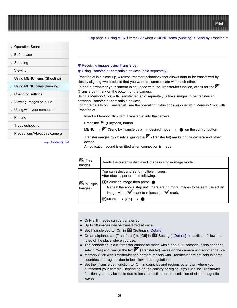 Send by transferjet | Sony DSC-H70 User Manual | Page 105 / 208