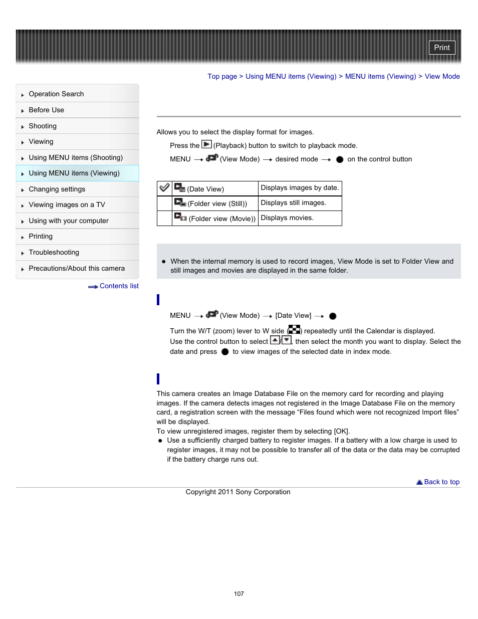 View mode | Sony DSC-H70 User Manual | Page 107 / 208