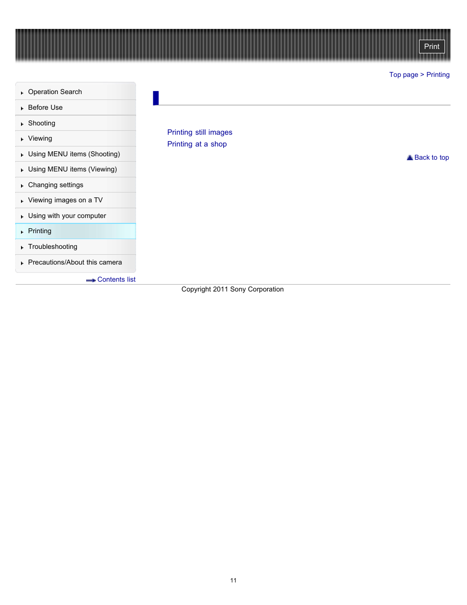 Printing | Sony DSC-H70 User Manual | Page 11 / 208