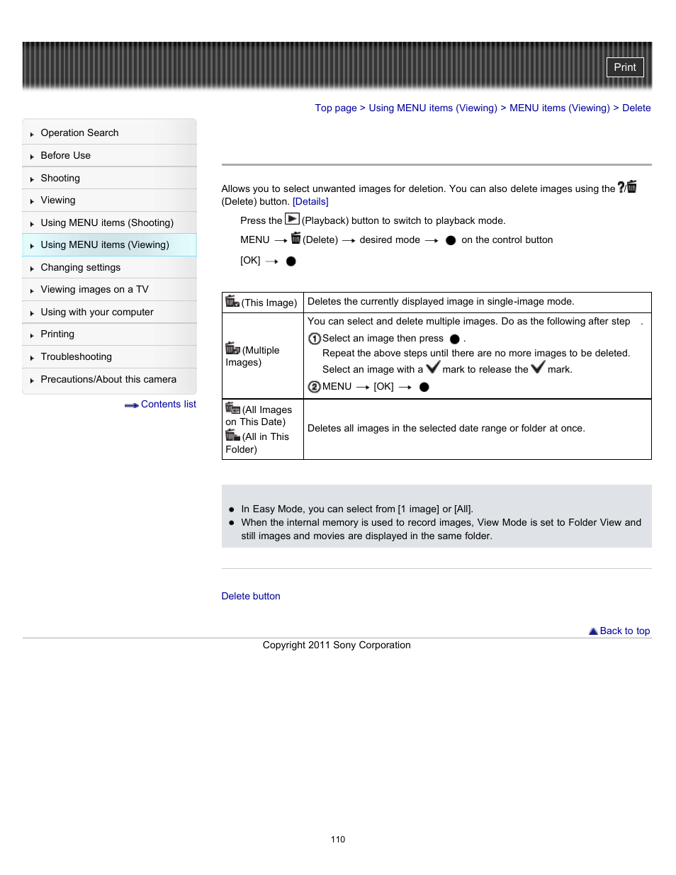 Delete, Details | Sony DSC-H70 User Manual | Page 110 / 208