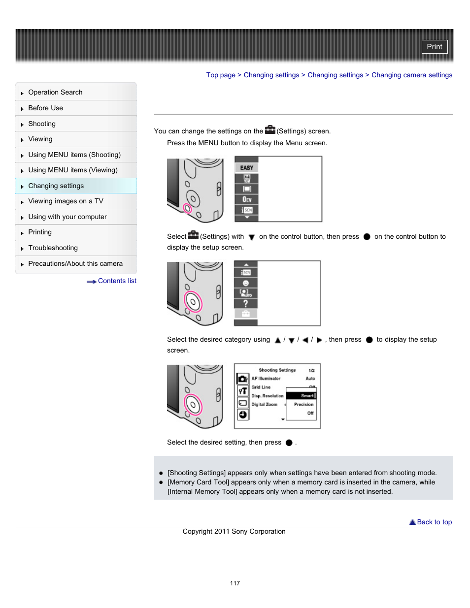 Changing camera settings | Sony DSC-H70 User Manual | Page 117 / 208