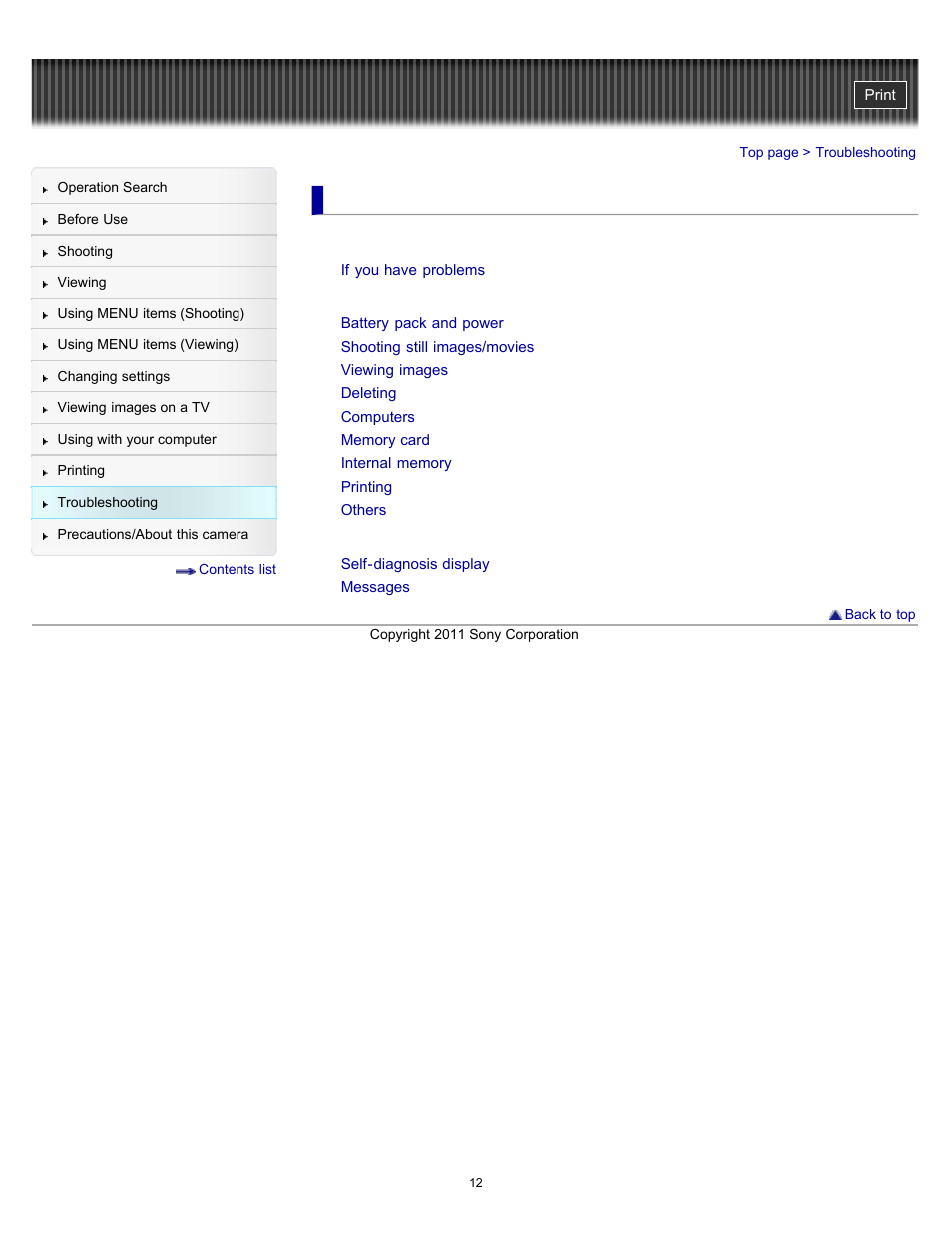 Troubleshooting | Sony DSC-H70 User Manual | Page 12 / 208