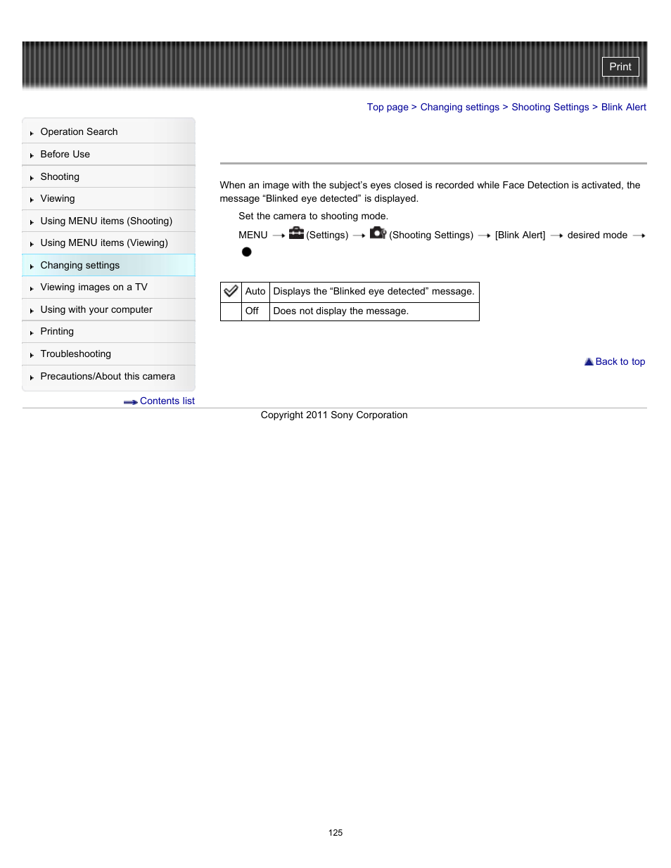 Blink alert | Sony DSC-H70 User Manual | Page 125 / 208