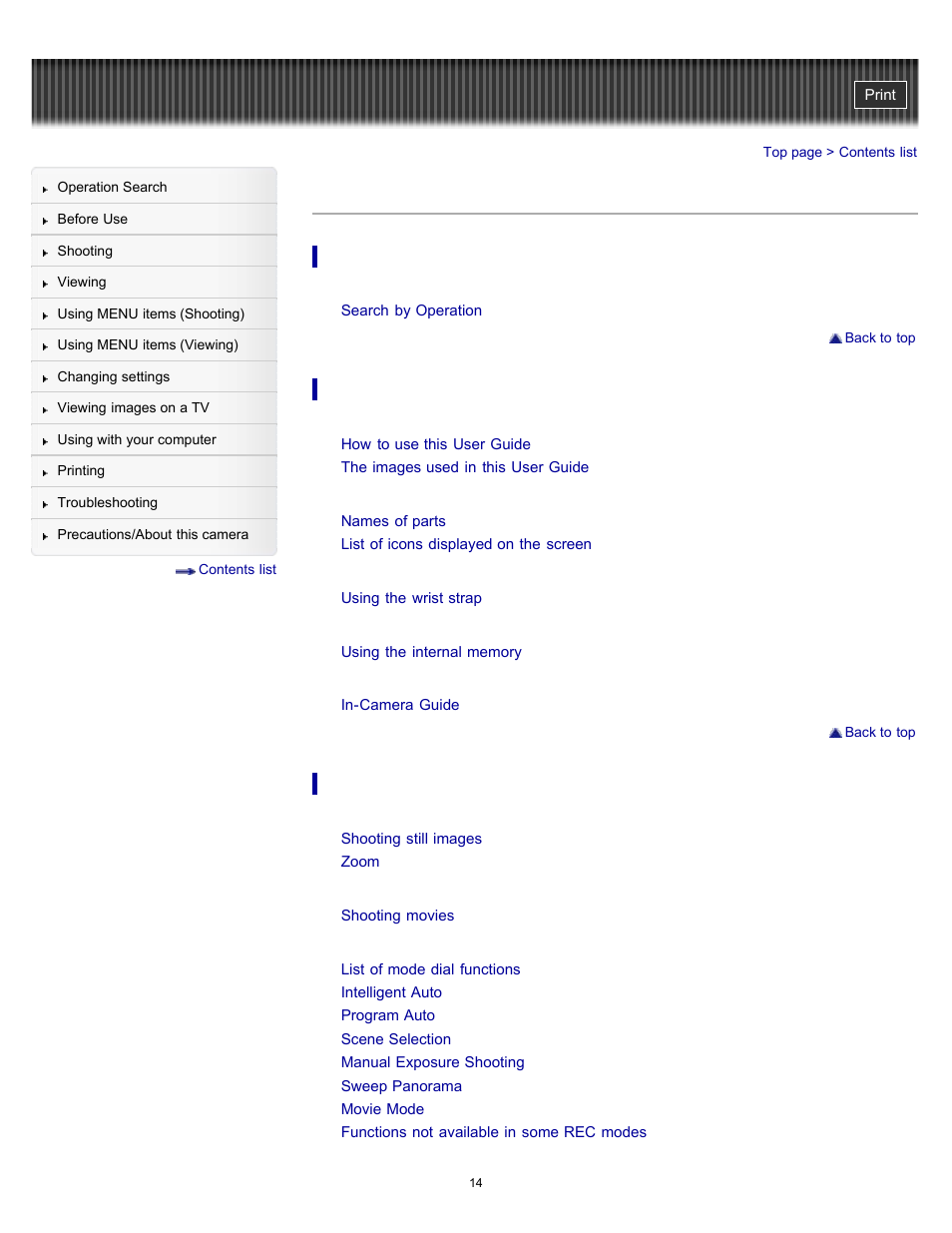 Contents list | Sony DSC-H70 User Manual | Page 14 / 208