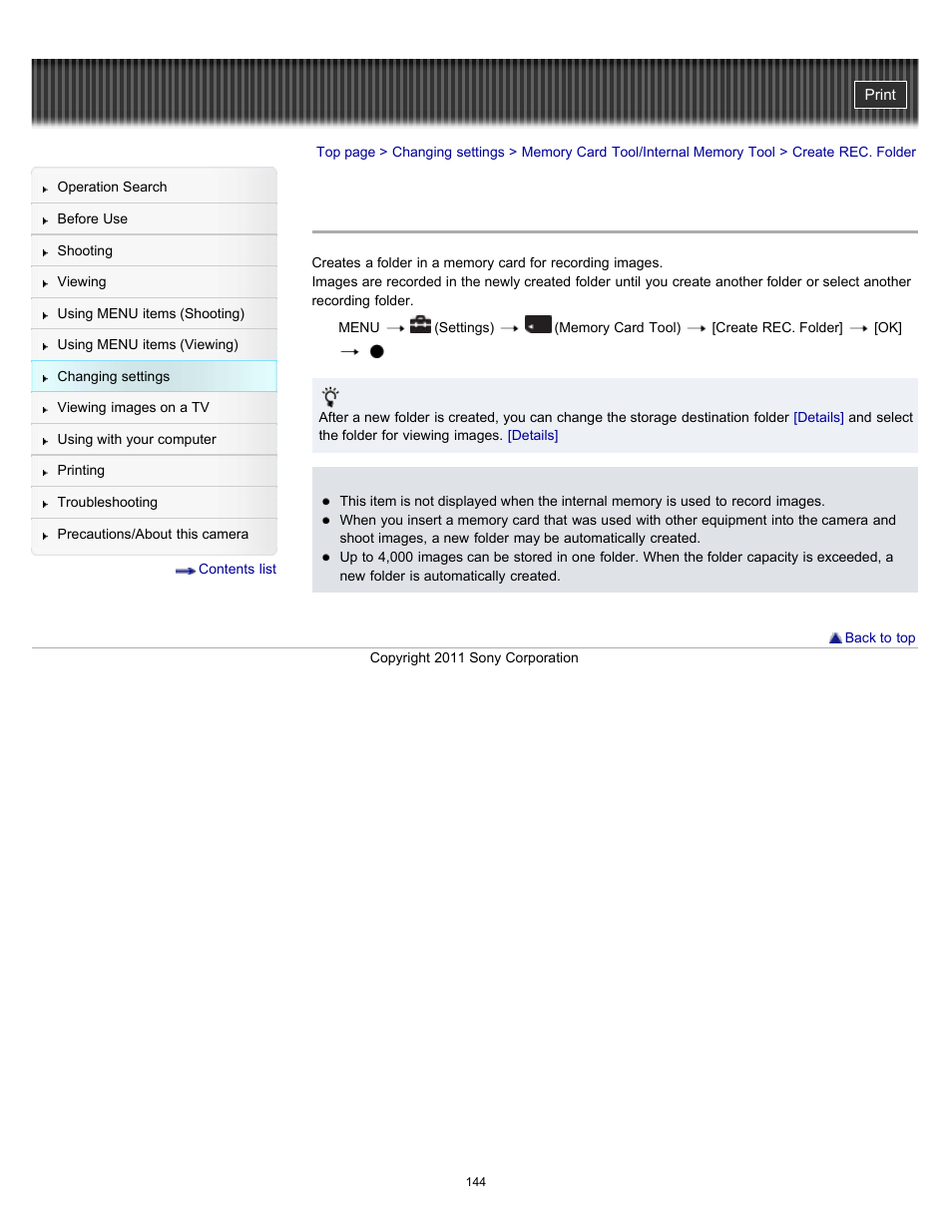 Create rec. folder | Sony DSC-H70 User Manual | Page 144 / 208