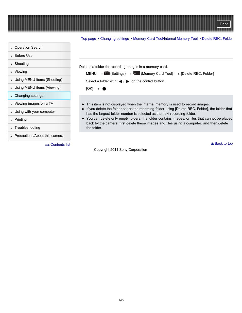 Delete rec. folder | Sony DSC-H70 User Manual | Page 146 / 208