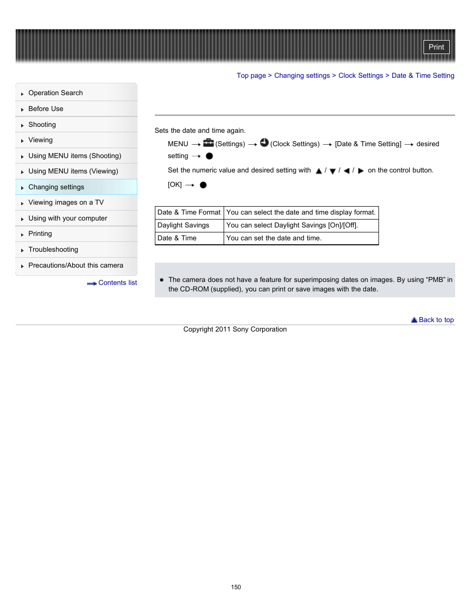 Date & time setting | Sony DSC-H70 User Manual | Page 150 / 208