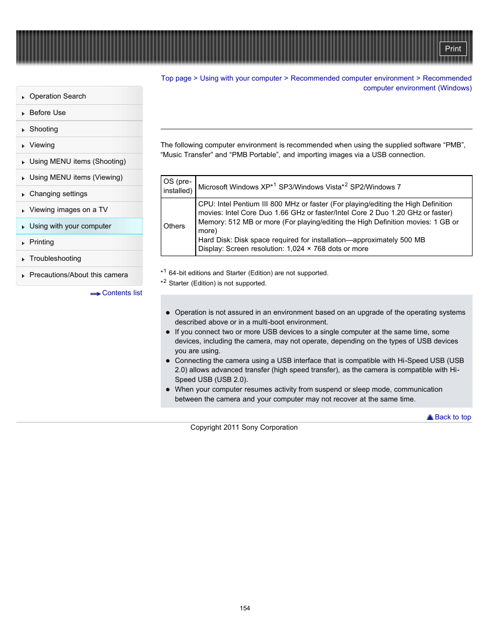 Recommended computer environment (windows) | Sony DSC-H70 User Manual | Page 154 / 208