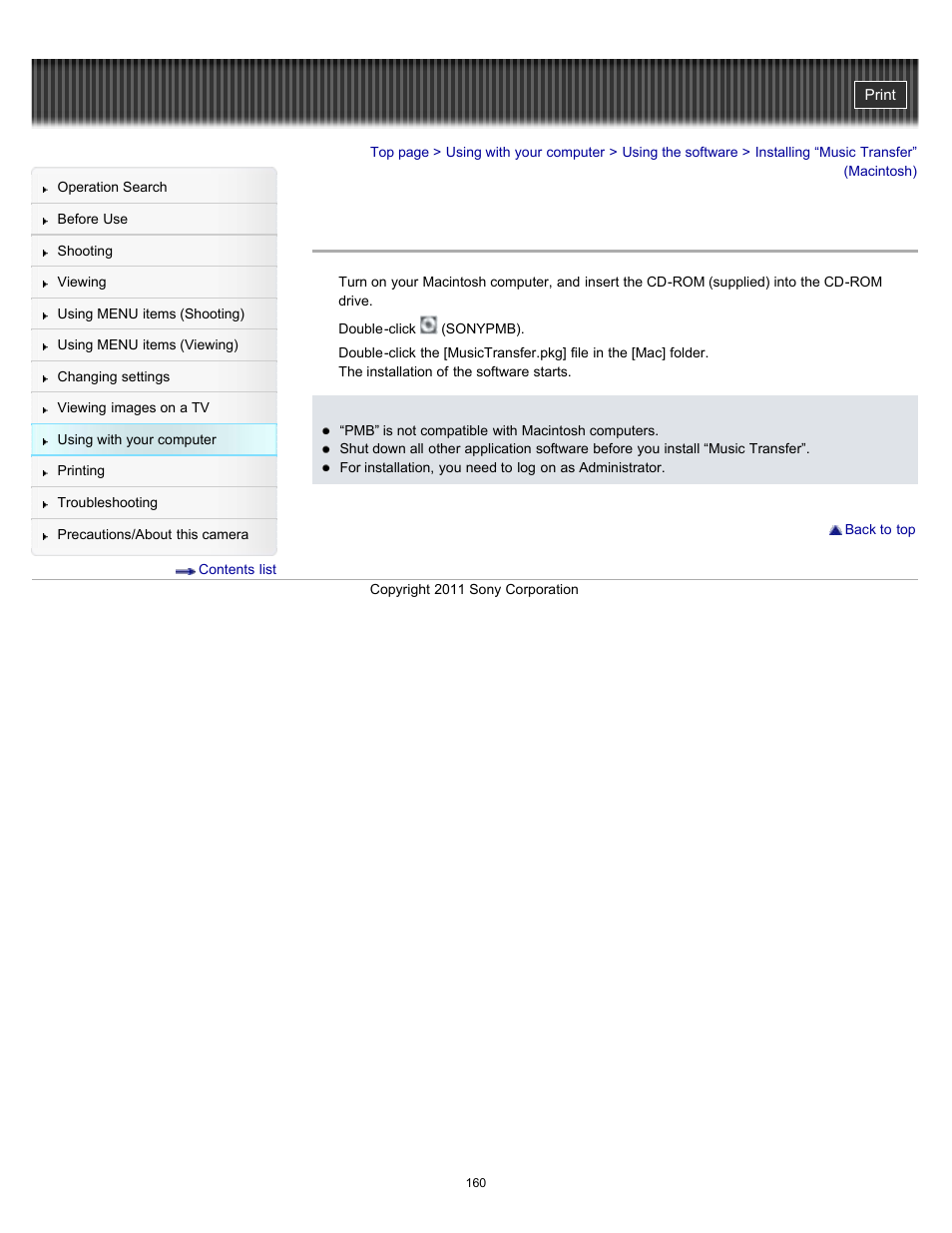 Installing “music transfer” (macintosh) | Sony DSC-H70 User Manual | Page 160 / 208