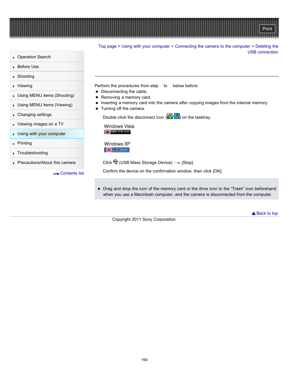 Deleting the usb connection | Sony DSC-H70 User Manual | Page 164 / 208