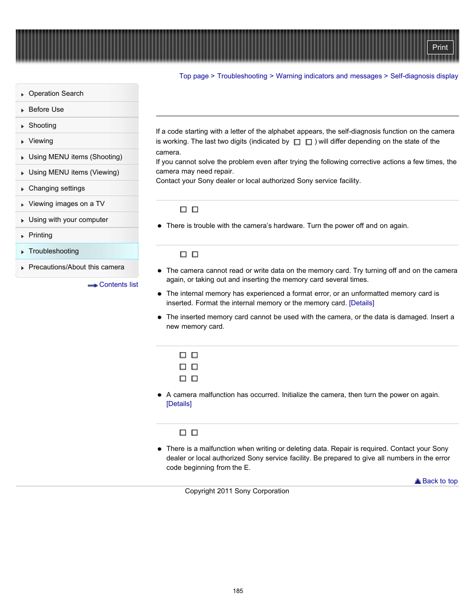 Self-diagnosis display | Sony DSC-H70 User Manual | Page 185 / 208