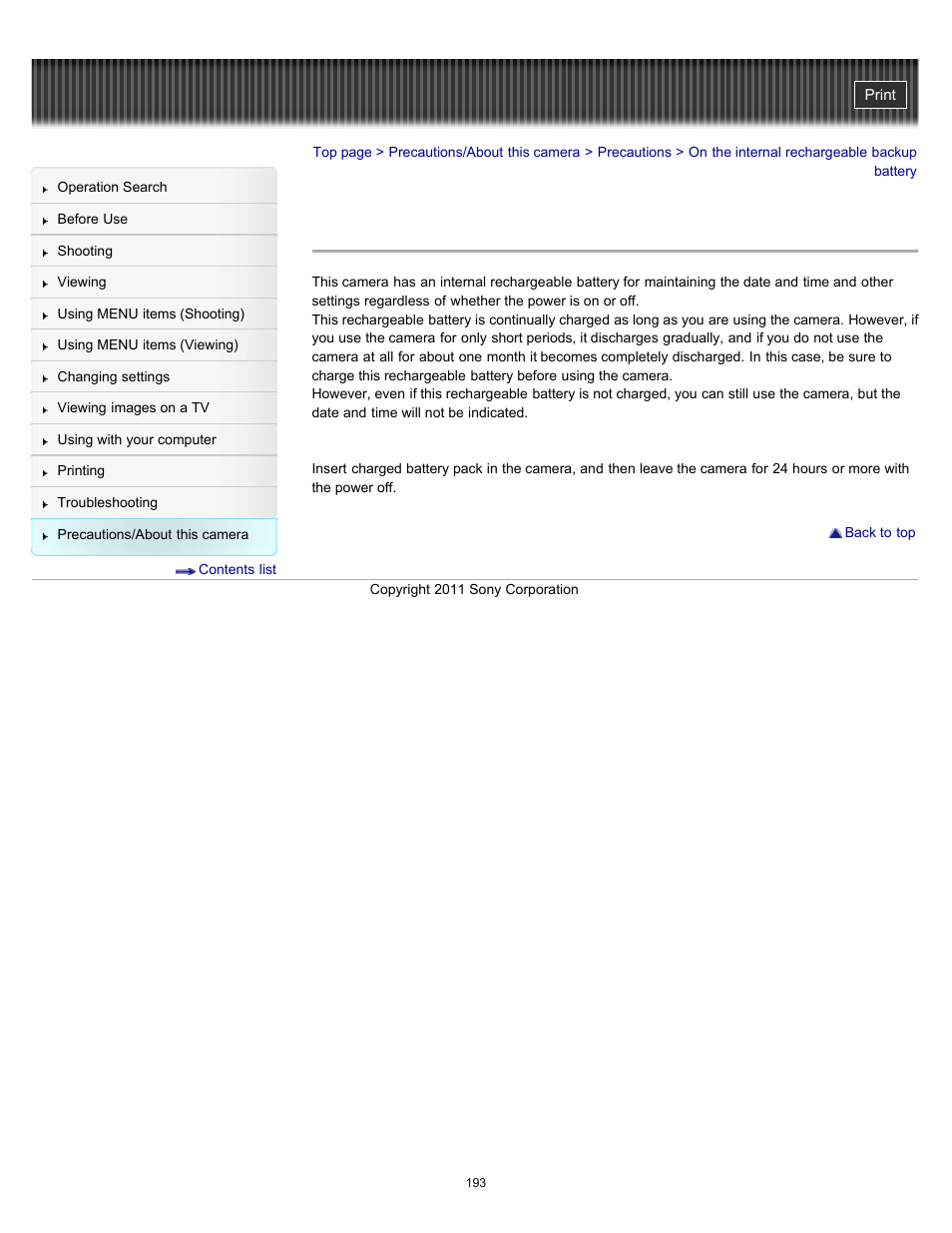 On the internal rechargeable backup battery | Sony DSC-H70 User Manual | Page 193 / 208
