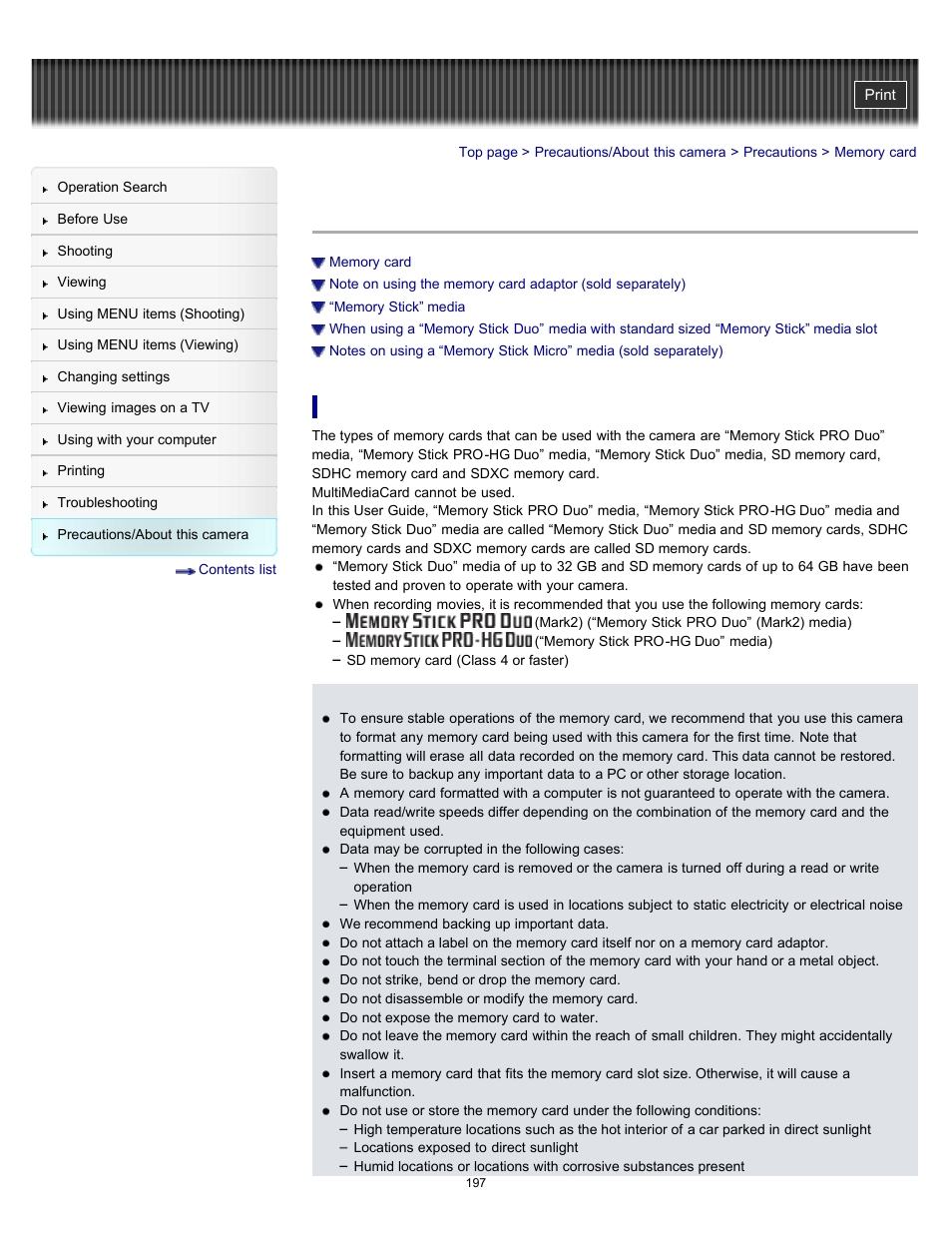 Memory card, Details | Sony DSC-H70 User Manual | Page 197 / 208