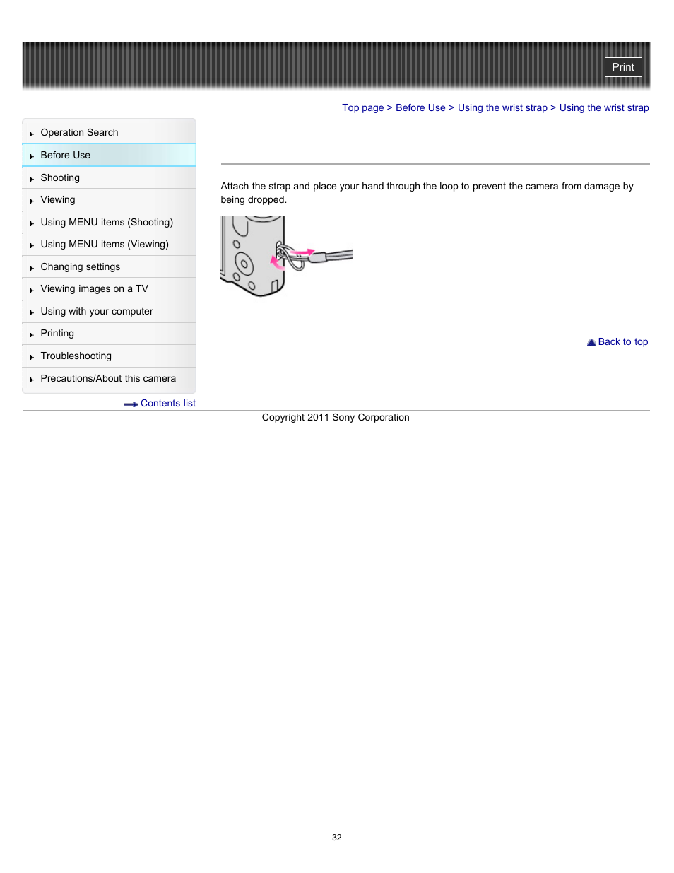 Using the wrist strap | Sony DSC-H70 User Manual | Page 32 / 208
