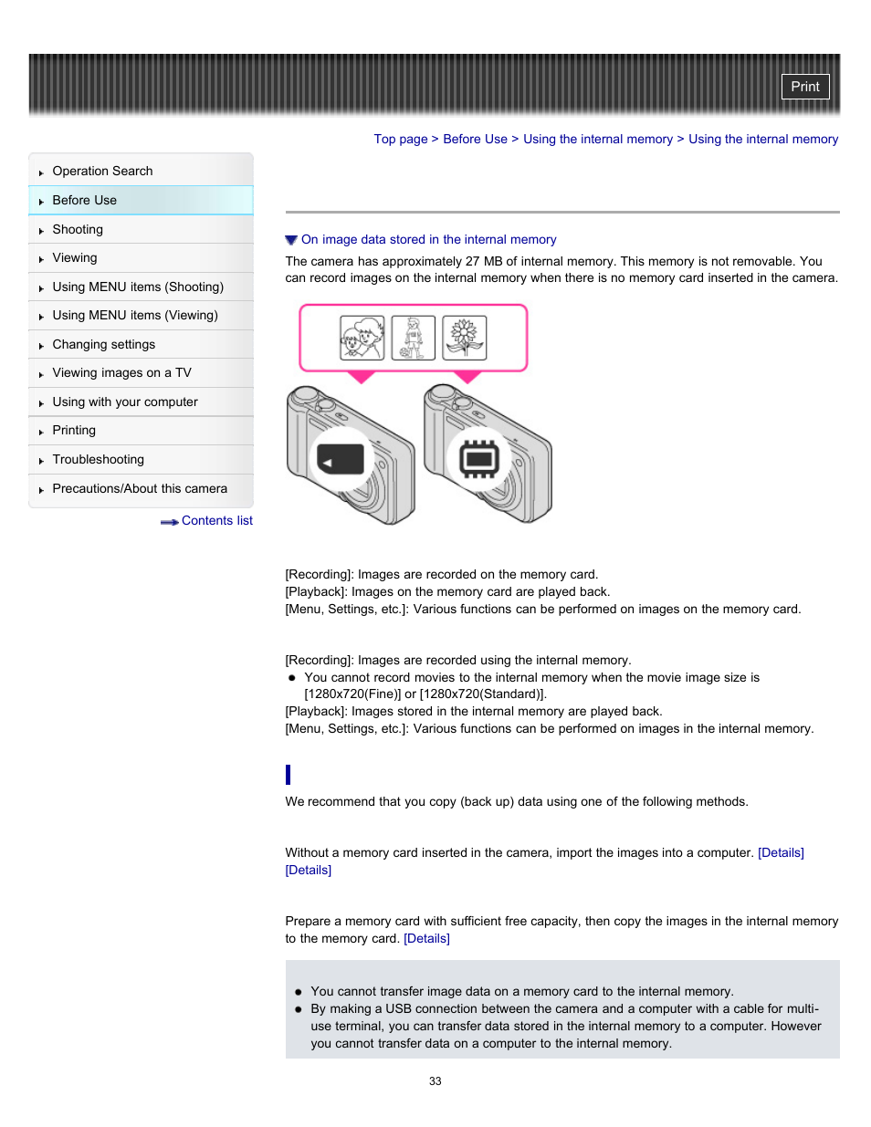 Using the internal memory | Sony DSC-H70 User Manual | Page 33 / 208
