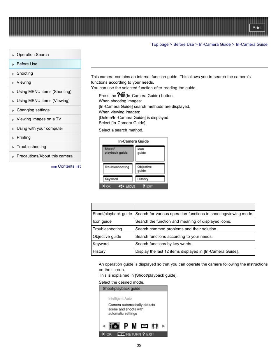 In-camera guide | Sony DSC-H70 User Manual | Page 35 / 208