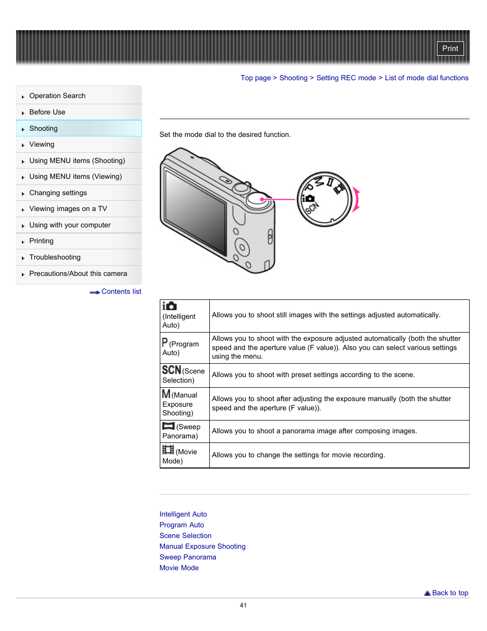 List of mode dial functions | Sony DSC-H70 User Manual | Page 41 / 208