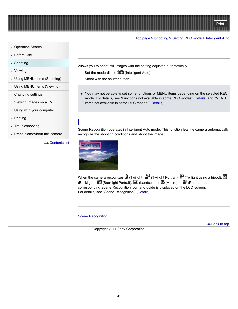 Intelligent auto | Sony DSC-H70 User Manual | Page 43 / 208